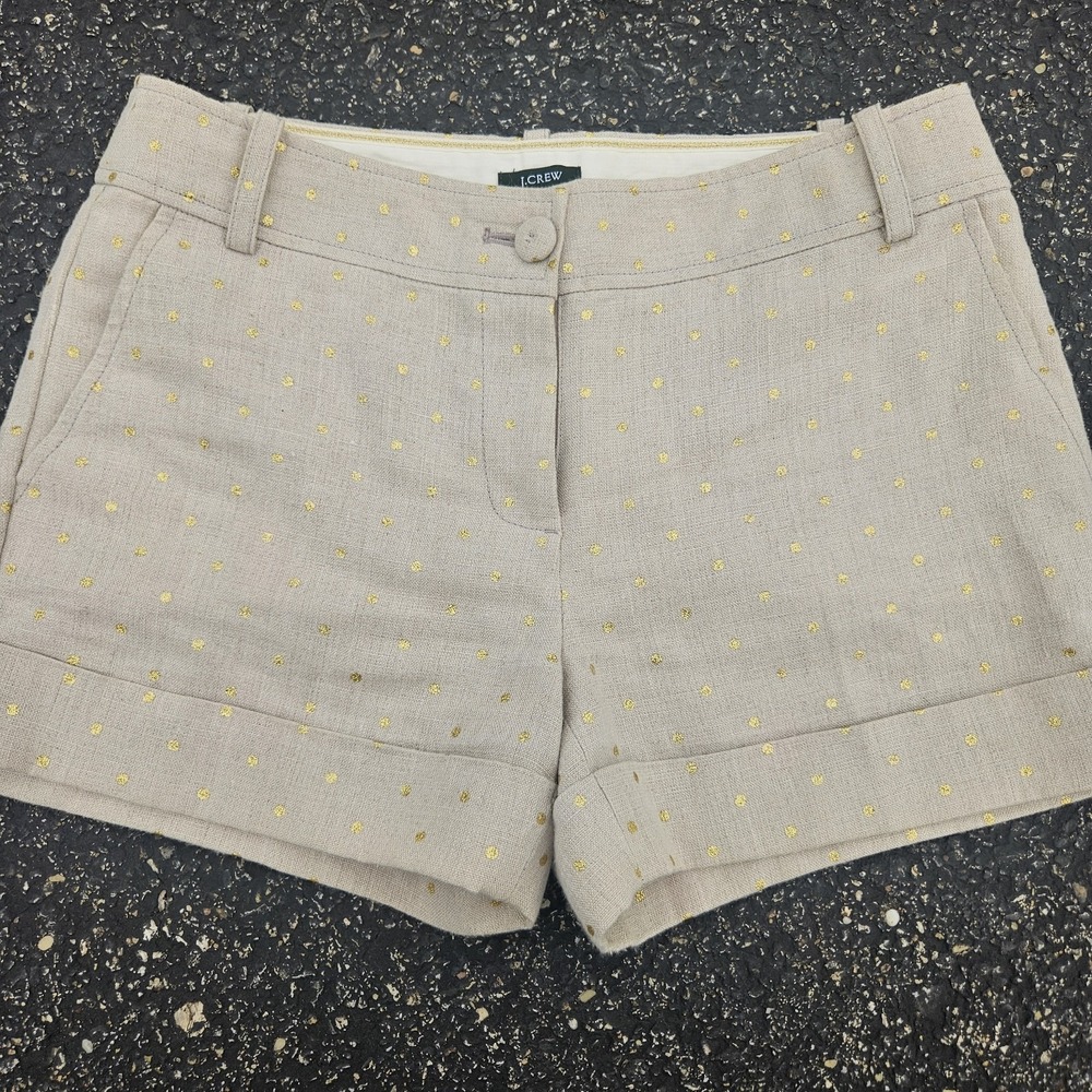J. Crew 6 Linen Shorts Curvy Fit Cuff Khaki Beige Gold Sparkle Polka Dot Casual